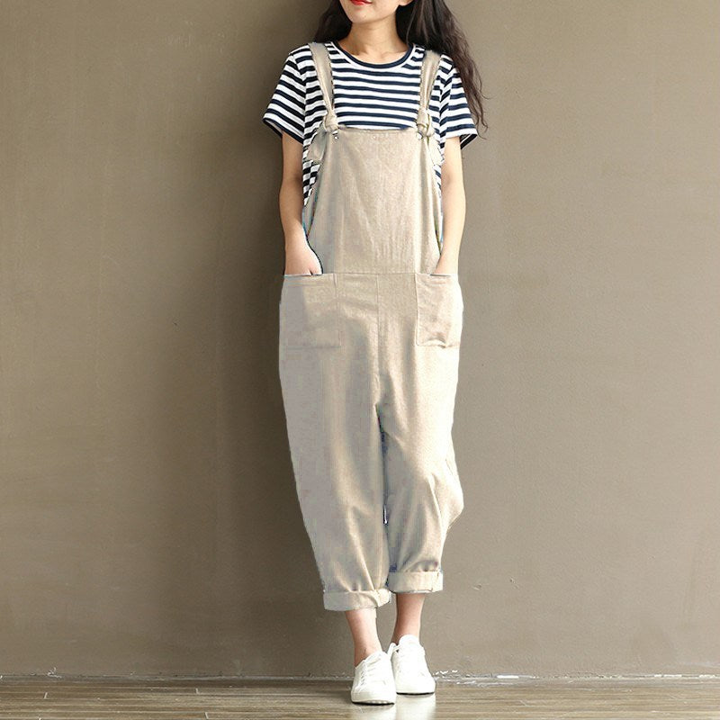 Women's Large Artistic Dark Blue Suspender Casual Pants