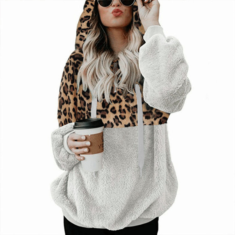 Versatile Long Sleeve Leopard Splicing Zip Plus Size