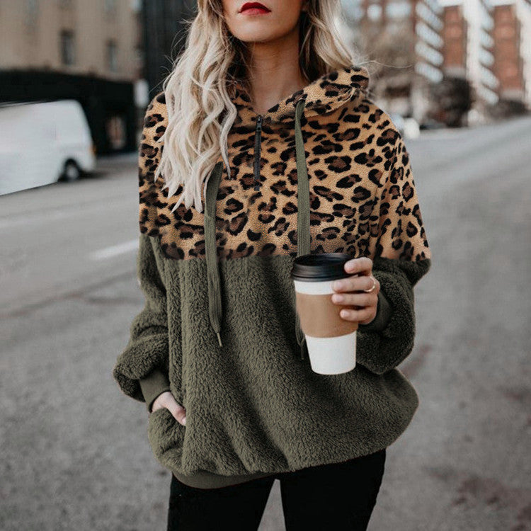 Versatile Long Sleeve Leopard Splicing Zip Plus Size