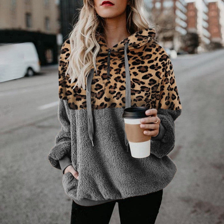 Versatile Long Sleeve Leopard Splicing Zip Plus Size