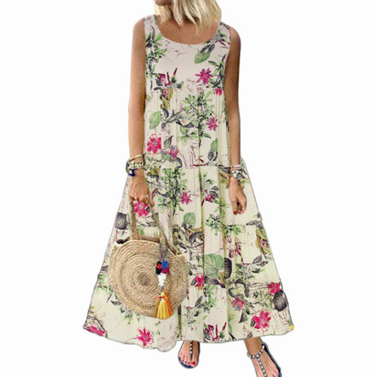 Vintage Floral Print Sleeveless Round Neck Dresses