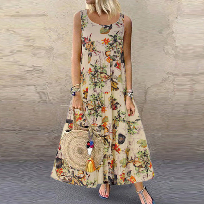 Vintage Floral Print Sleeveless Round Neck Dresses