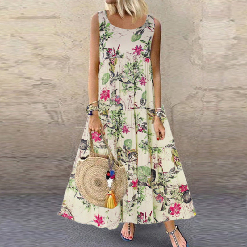 Vintage Floral Print Sleeveless Round Neck Dresses