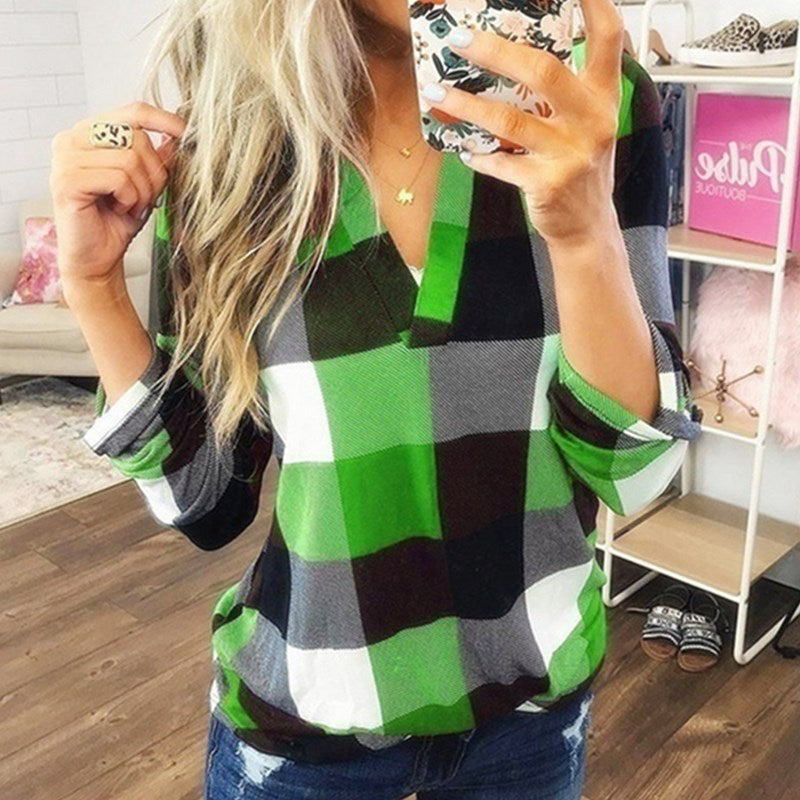 Chemise femme imprimé à carreaux T-shirt à manches longues Blouses