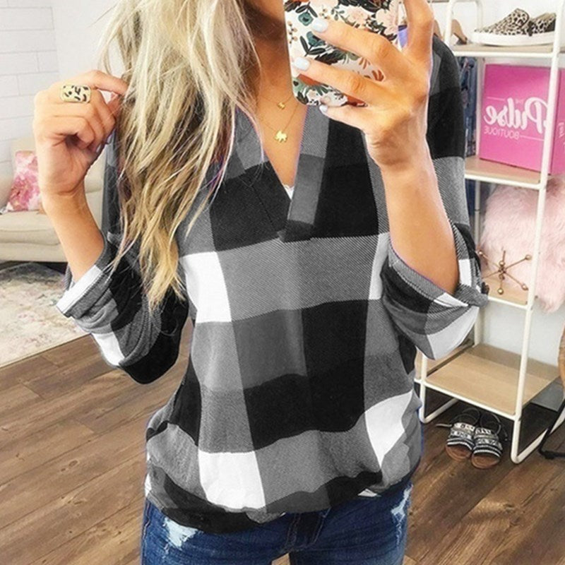 Chemise femme imprimé à carreaux T-shirt à manches longues Blouses