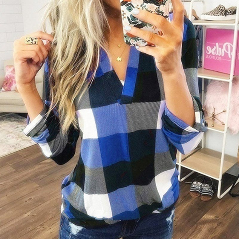 Chemise femme imprimé à carreaux T-shirt à manches longues Blouses