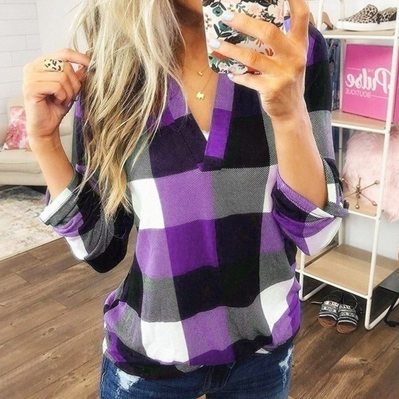 Chemise femme imprimé à carreaux T-shirt à manches longues Blouses