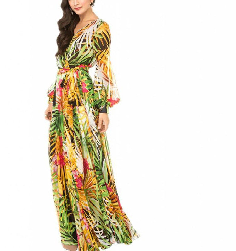 Women's Dress Collar Lantern Sleeve Printed Long Dresses