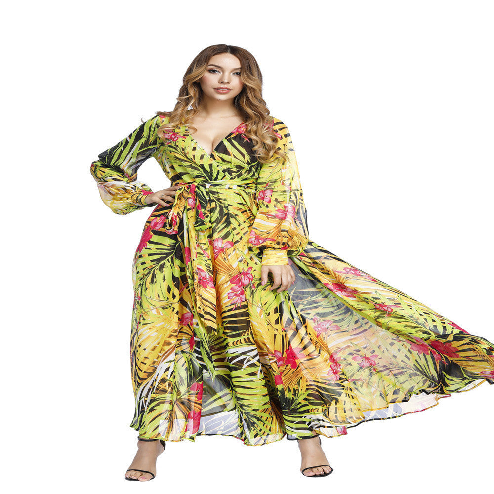 Women's Dress Collar Lantern Sleeve Printed Long Dresses