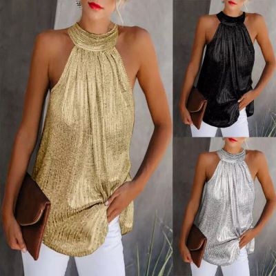 Women's Double Halter Zipper Sleeveless T-shirt Casual Blouses