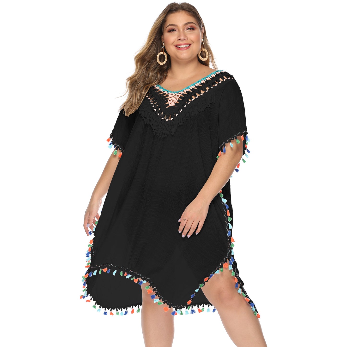 Women's Tassel Deep V Sexy Loose Beach Cover-up Dresses