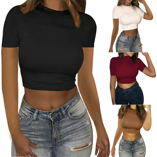 Women's Summer Fashion Cropped Solid Color Round Neck Slim-fit Shorts