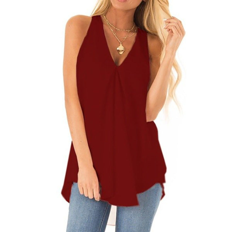 Summer Hem Loose Sleeveless Solid Color Chiffon Blouses