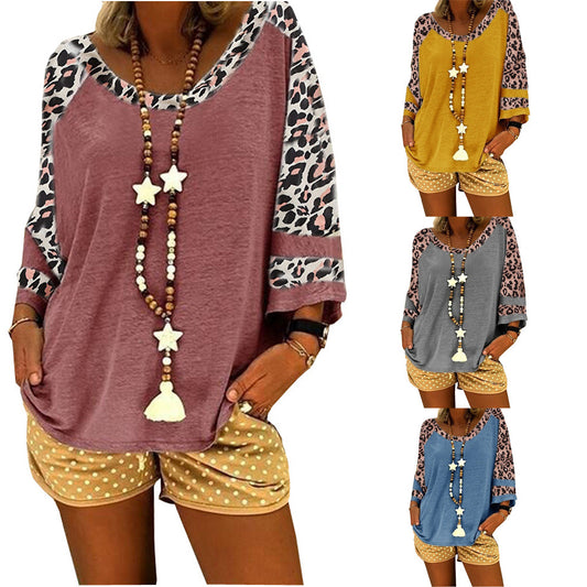 Women's Leopard Print Sleeve Stitching T-shirt Blouses