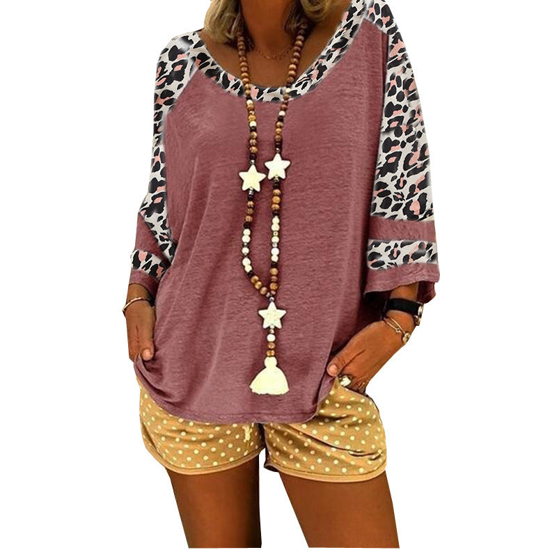 Women's Leopard Print Sleeve Stitching T-shirt Blouses