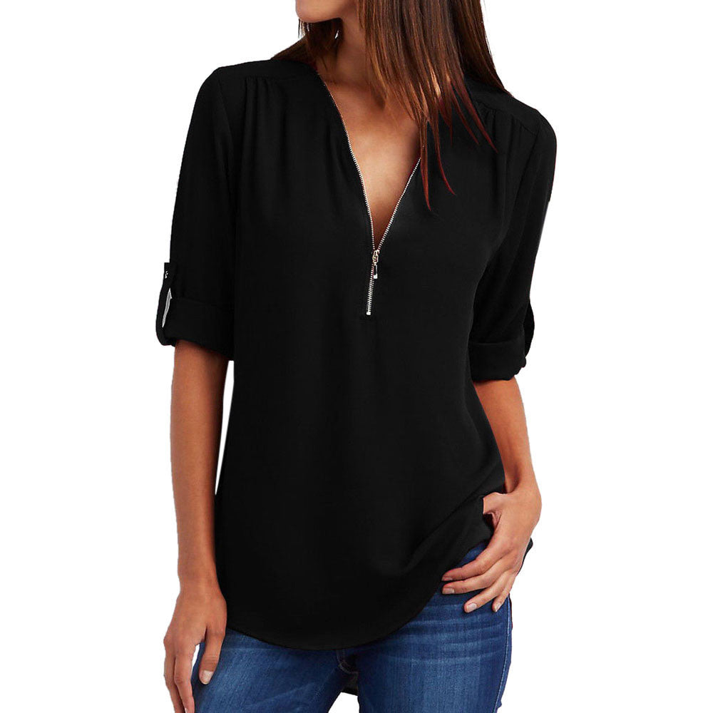 Women's Beautiful Long-sleeved Bottoming Shirt Zipper Tops