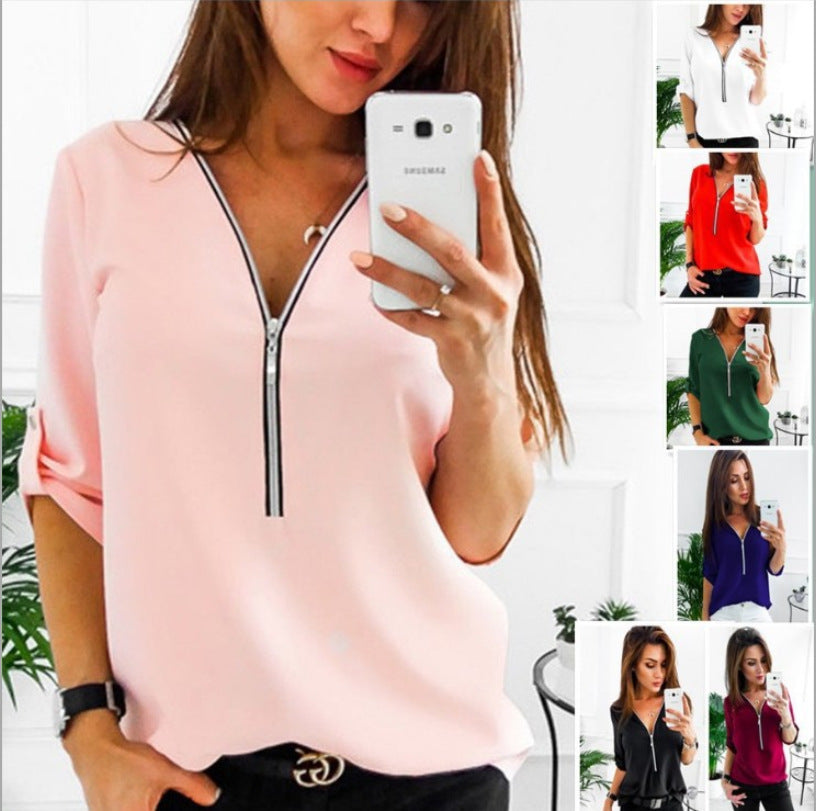 Belle chemise à manches longues pour femmes, hauts à fermeture éclair