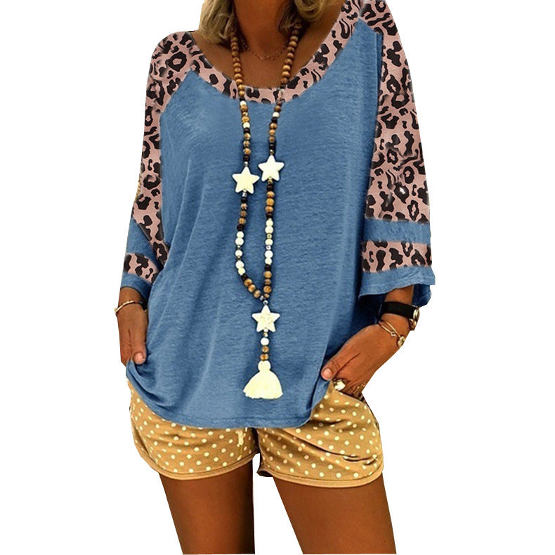 Women's Leopard Print Sleeve Stitching T-shirt Blouses