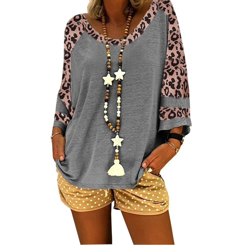 Women's Leopard Print Sleeve Stitching T-shirt Blouses