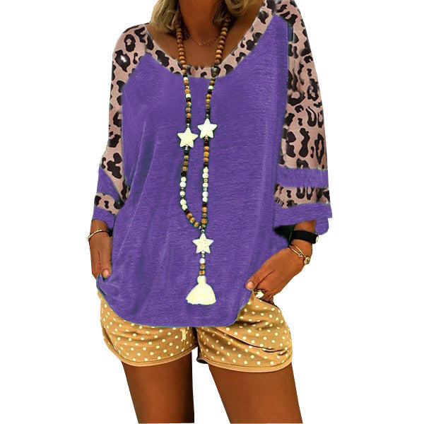 Women's Leopard Print Sleeve Stitching T-shirt Blouses