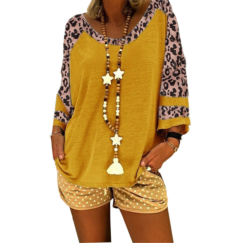 Women's Leopard Print Sleeve Stitching T-shirt Blouses