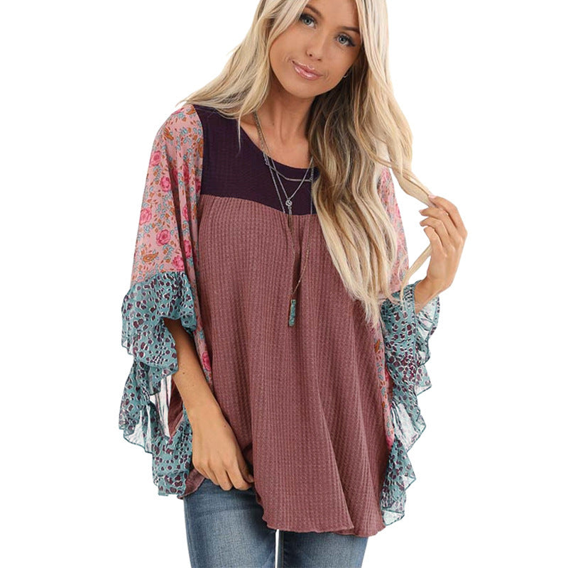 Women's Batwing Sleeve Multicolor Printing Waffle Blouses