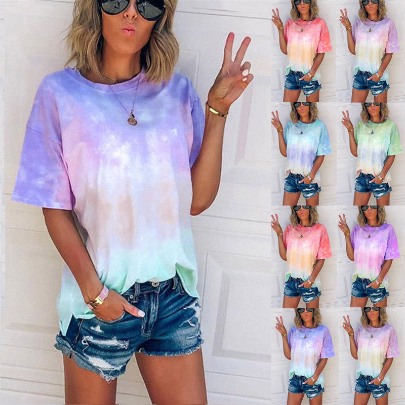 Women's Summer Tie-dye Gradient Printed Loose T-shirt Tops