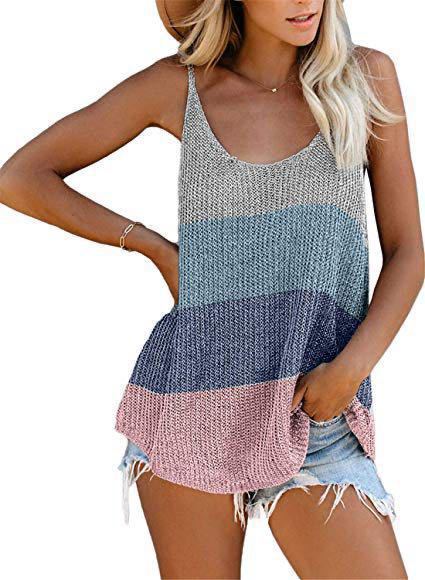 Damen Sommer Strickwesten mit Rundhalsausschnitt und farbigen Trägern