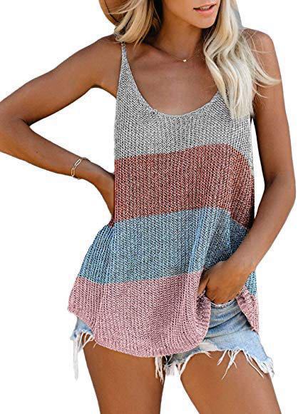 Damen Sommer Strickwesten mit Rundhalsausschnitt und farbigen Trägern