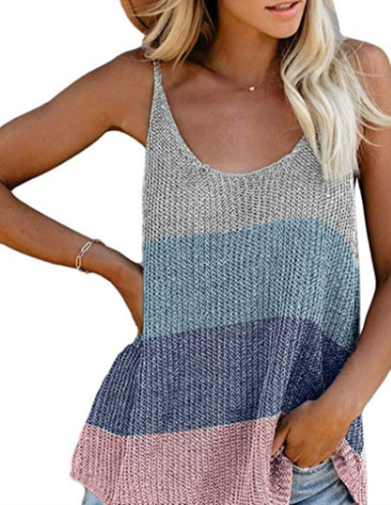 Damen Sommer Strickwesten mit Rundhalsausschnitt und farbigen Trägern