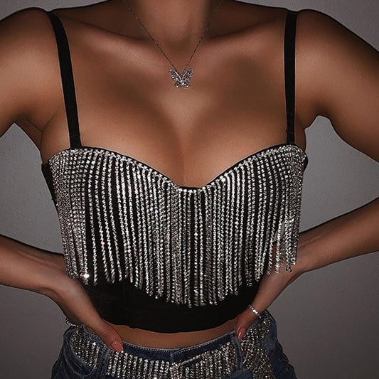 Women's Solid Color Stitching Tassel Wrapped Chest Midriff-baring Camisole Sling Tops