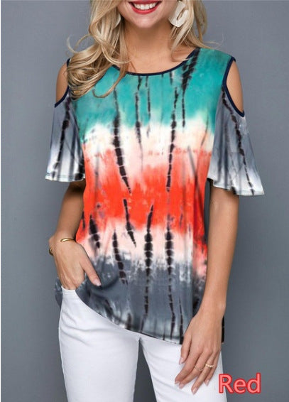 Round Neck Printed Off-the-shoulder Sleeve Color Shorts