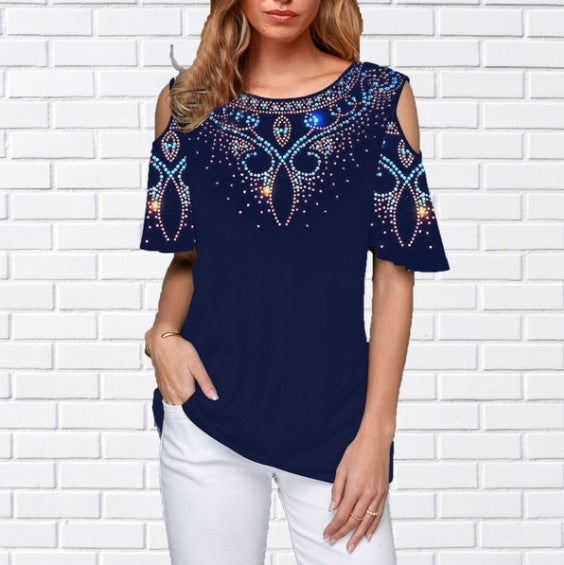 Round Neck Printed Off-the-shoulder Sleeve Color Shorts