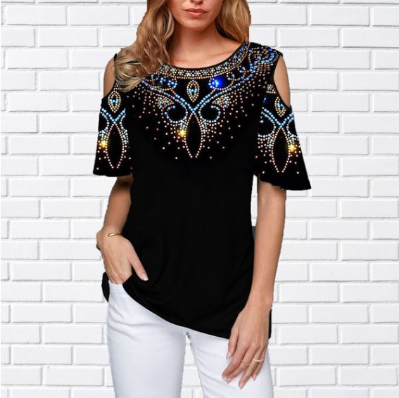 Round Neck Printed Off-the-shoulder Sleeve Color Shorts