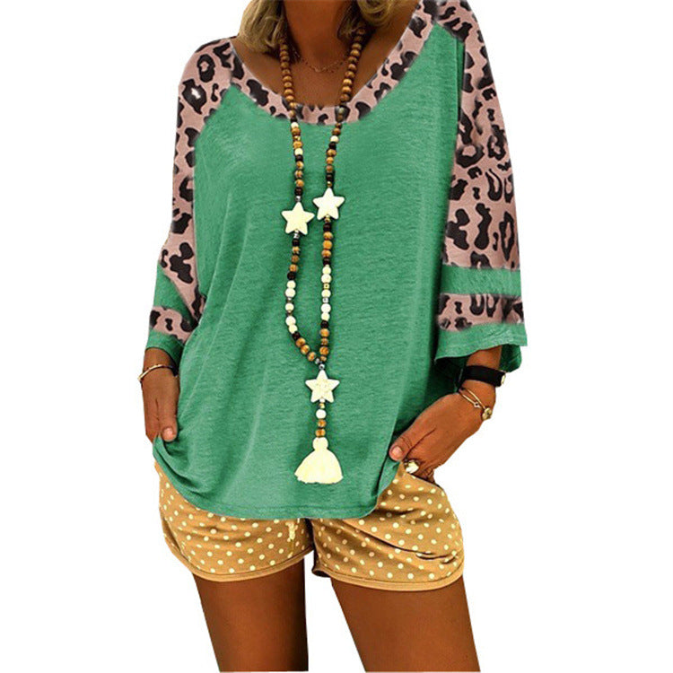 Women's Leopard Print Sleeve Stitching T-shirt Blouses