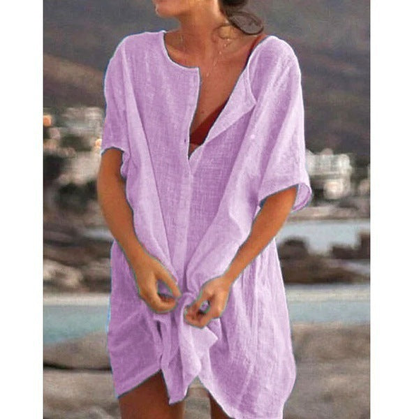 Chemise mi-longue ample à manches de couleur unie pour femme