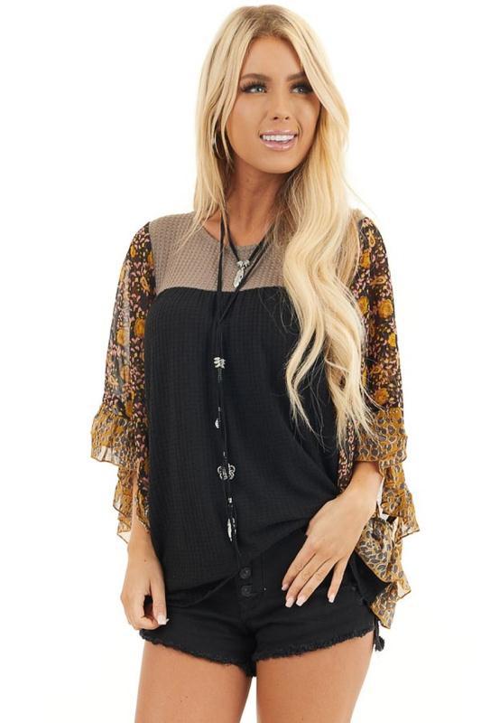 Women's Batwing Sleeve Multicolor Printing Waffle Blouses