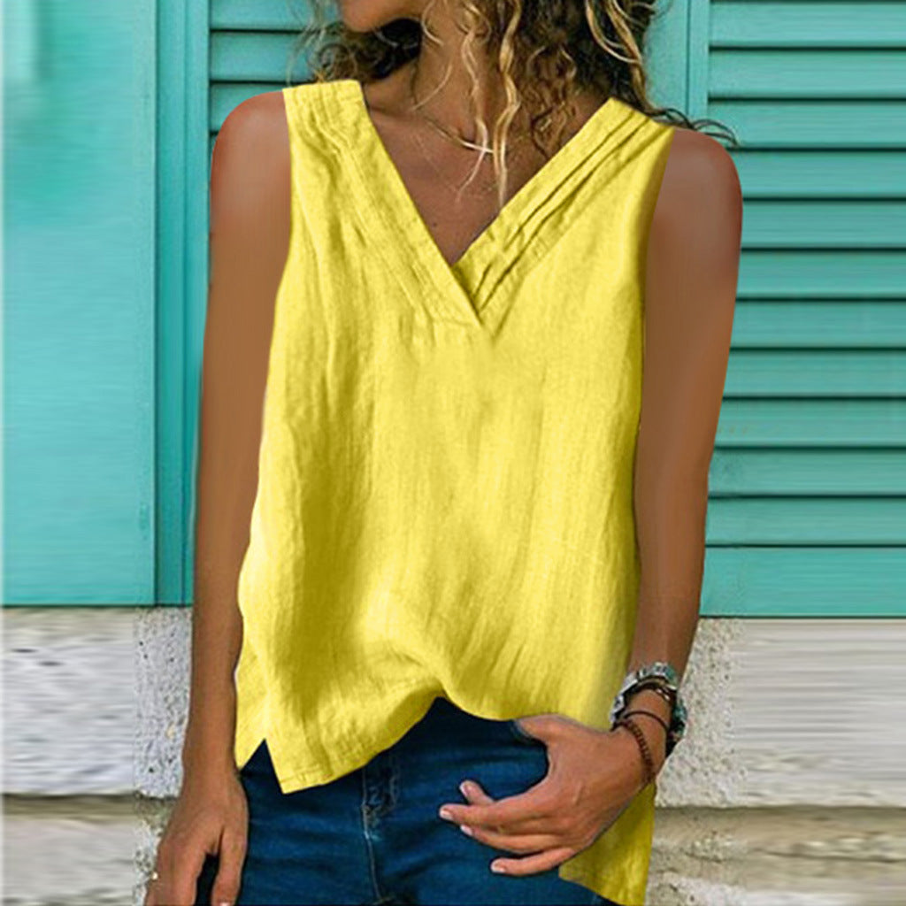 Women's Summer Large V-neck Hem Sleeveless Cotton Blouses