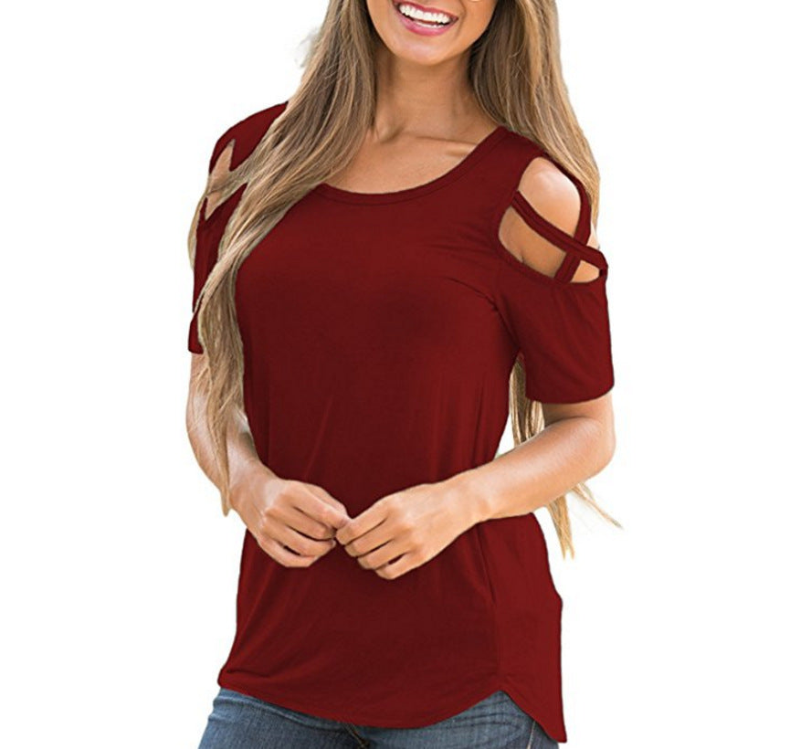 Women's Summer Solid Color Leisure Ripped Shoulder Knitwear