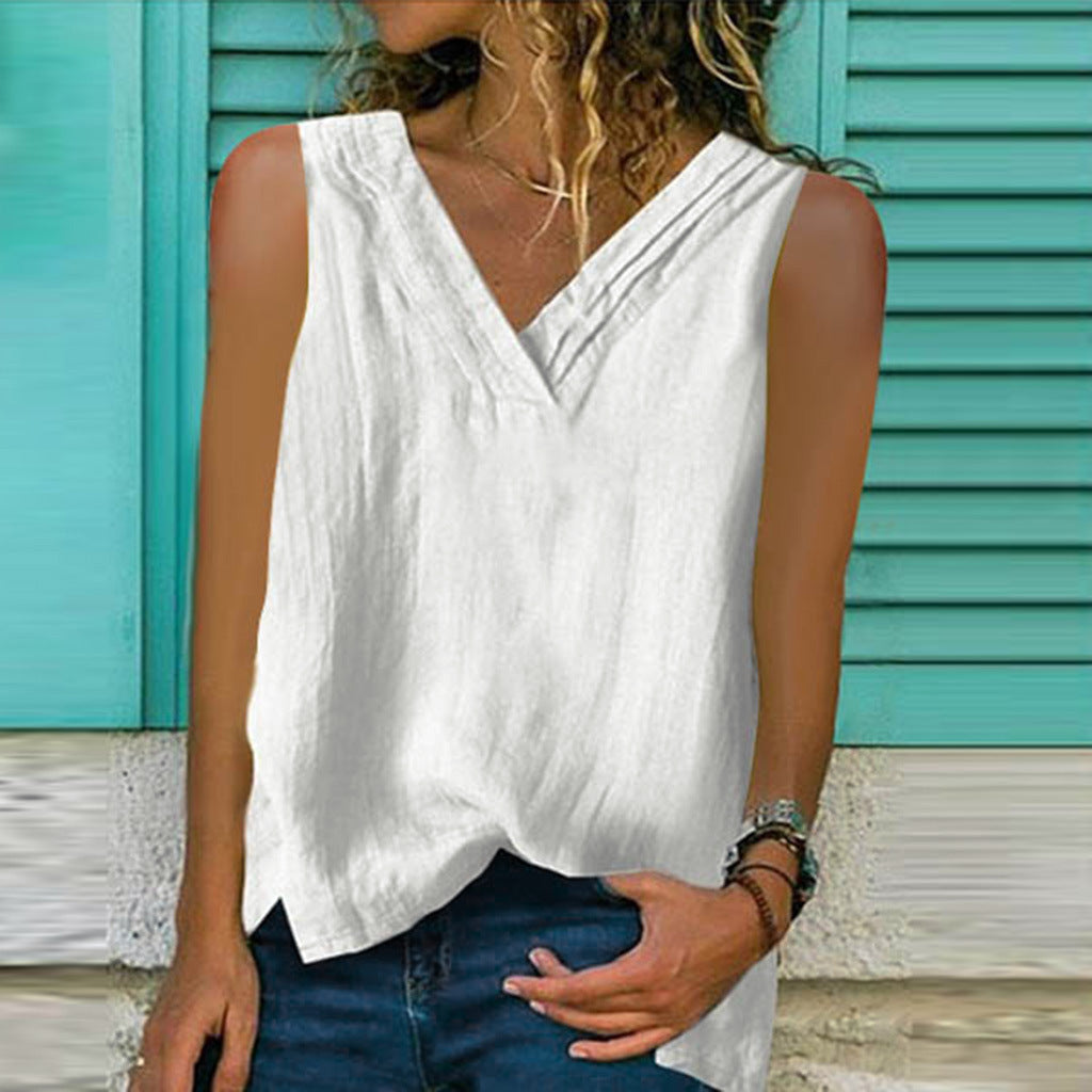 Women's Summer Large V-neck Hem Sleeveless Cotton Blouses