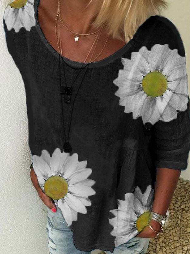 Women's Summer Chrysanthemum Printed Round Neck Sleeves Blouses