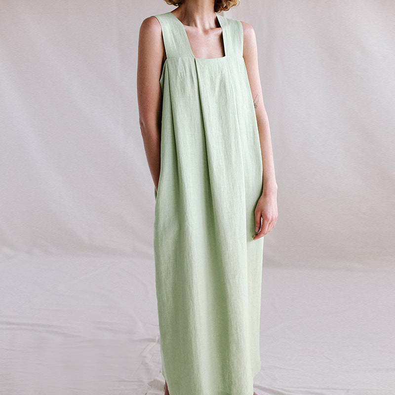 Sleeveless Long Dress French Style Design Loose Linen Cotton Dresses