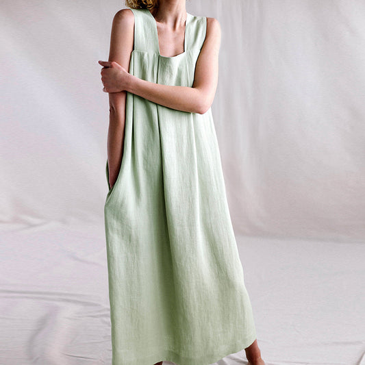 Sleeveless Long Dress French Style Design Loose Linen Cotton Dresses