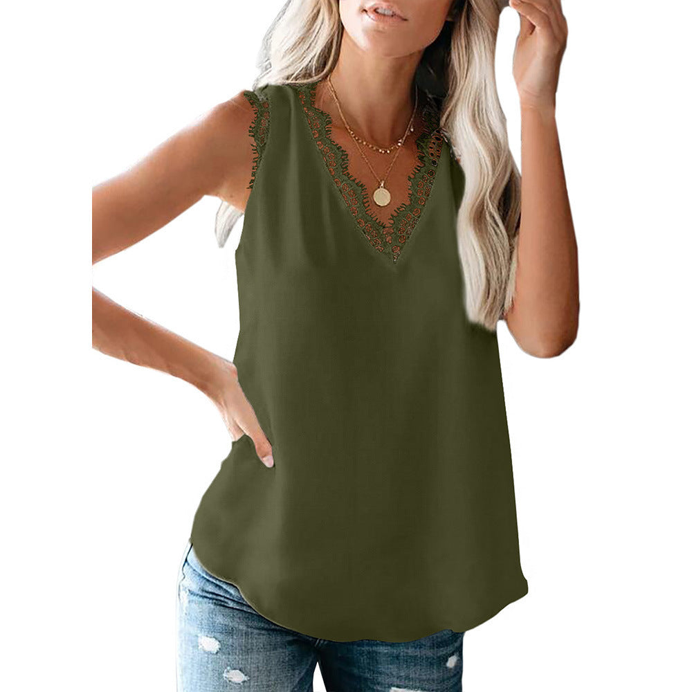 Women's Solid Color Summer V-neck Lace Sleeveless Tops