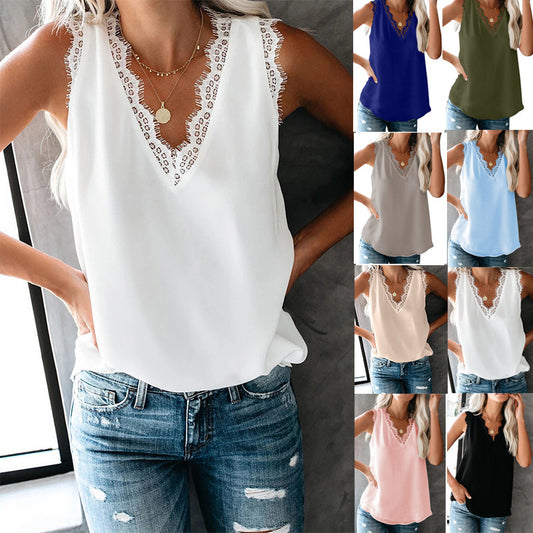 Women's Solid Color Summer V-neck Lace Sleeveless Tops