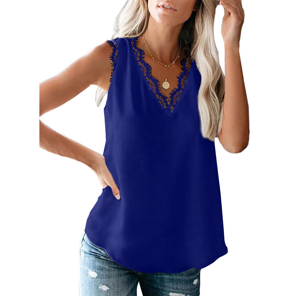 Women's Solid Color Summer V-neck Lace Sleeveless Tops