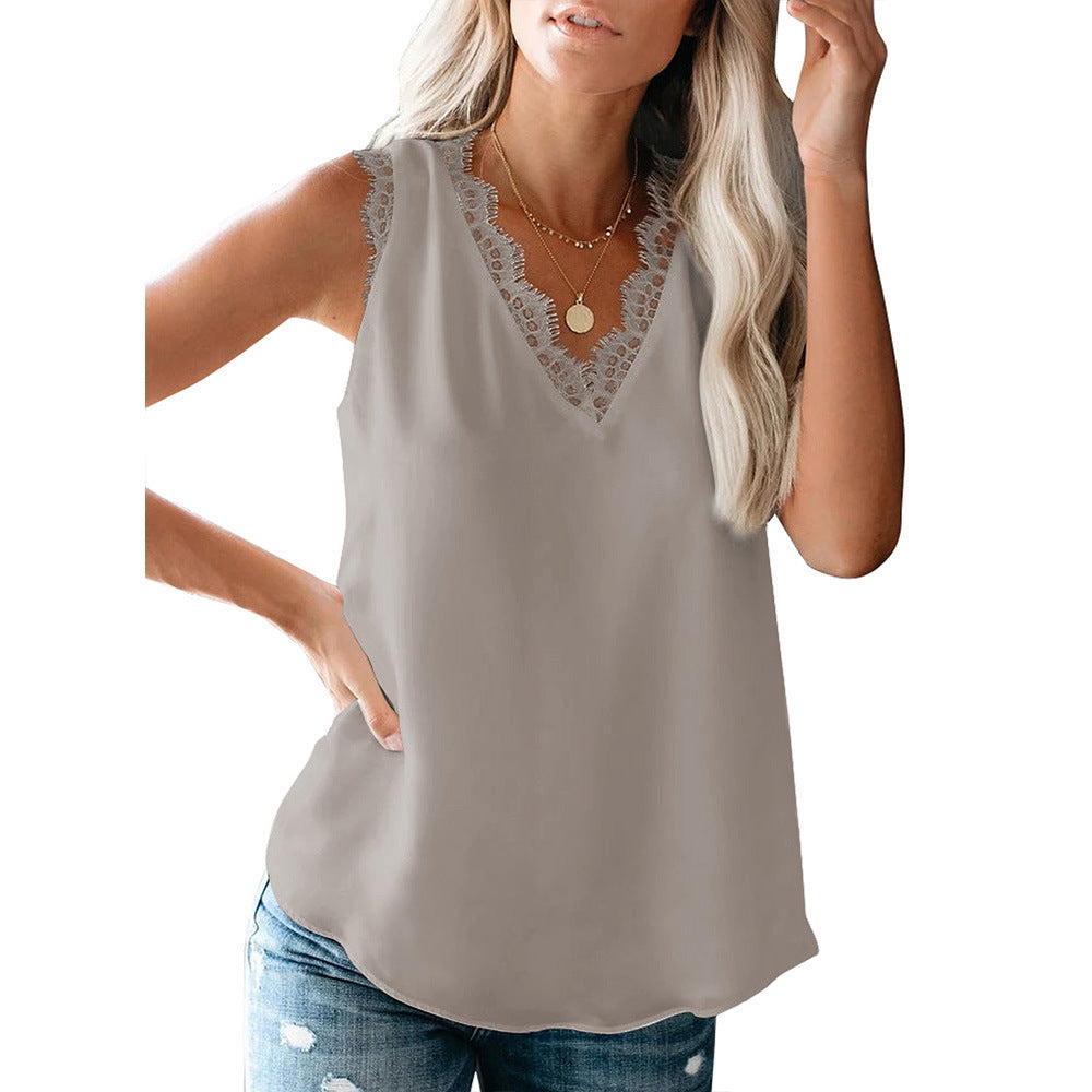 Women's Solid Color Summer V-neck Lace Sleeveless Tops