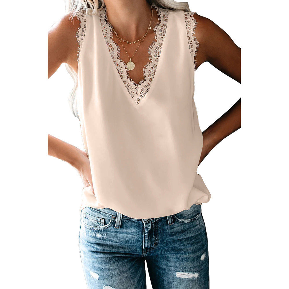 Women's Solid Color Summer V-neck Lace Sleeveless Tops