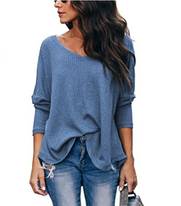 Damen Herbst Lockere V-Ausschnitt Langarmshirt Strickmode