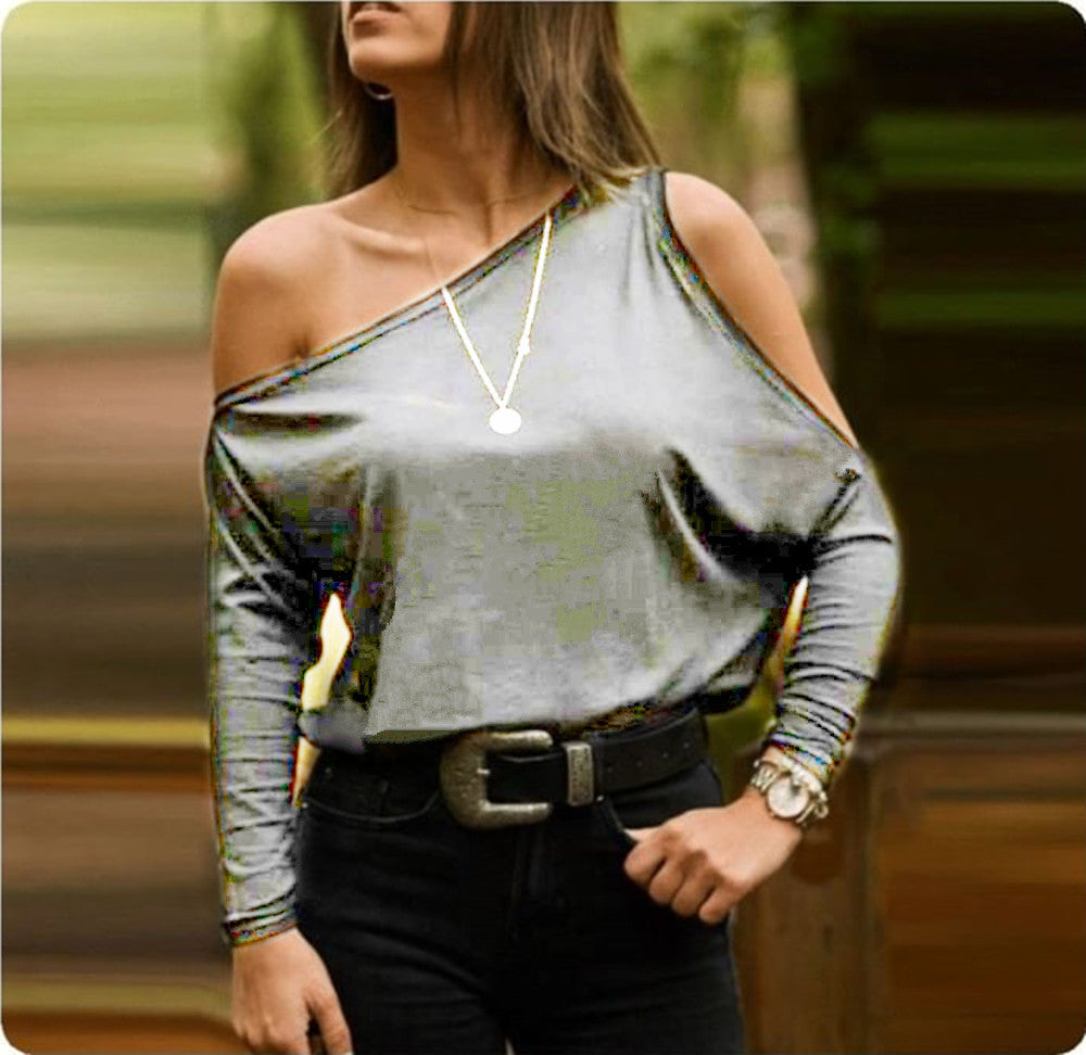 Street Trendy Base Shirt Cold-shoulder Batwing Sleeve Blouses